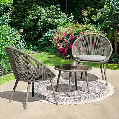 NUU Garden 3-Piece Outdoor Patio Furniture Bistro Table Set, Woven Rope - Grey