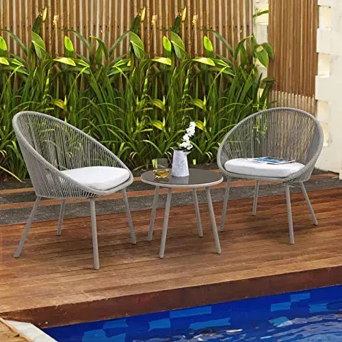 NUU Garden 3-Piece Outdoor Patio Furniture Bistro Table Set, Woven Rope - Grey