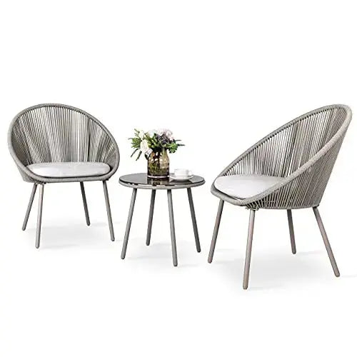 NUU Garden 3-Piece Outdoor Patio Furniture Bistro Table Set, Woven Rope - Grey