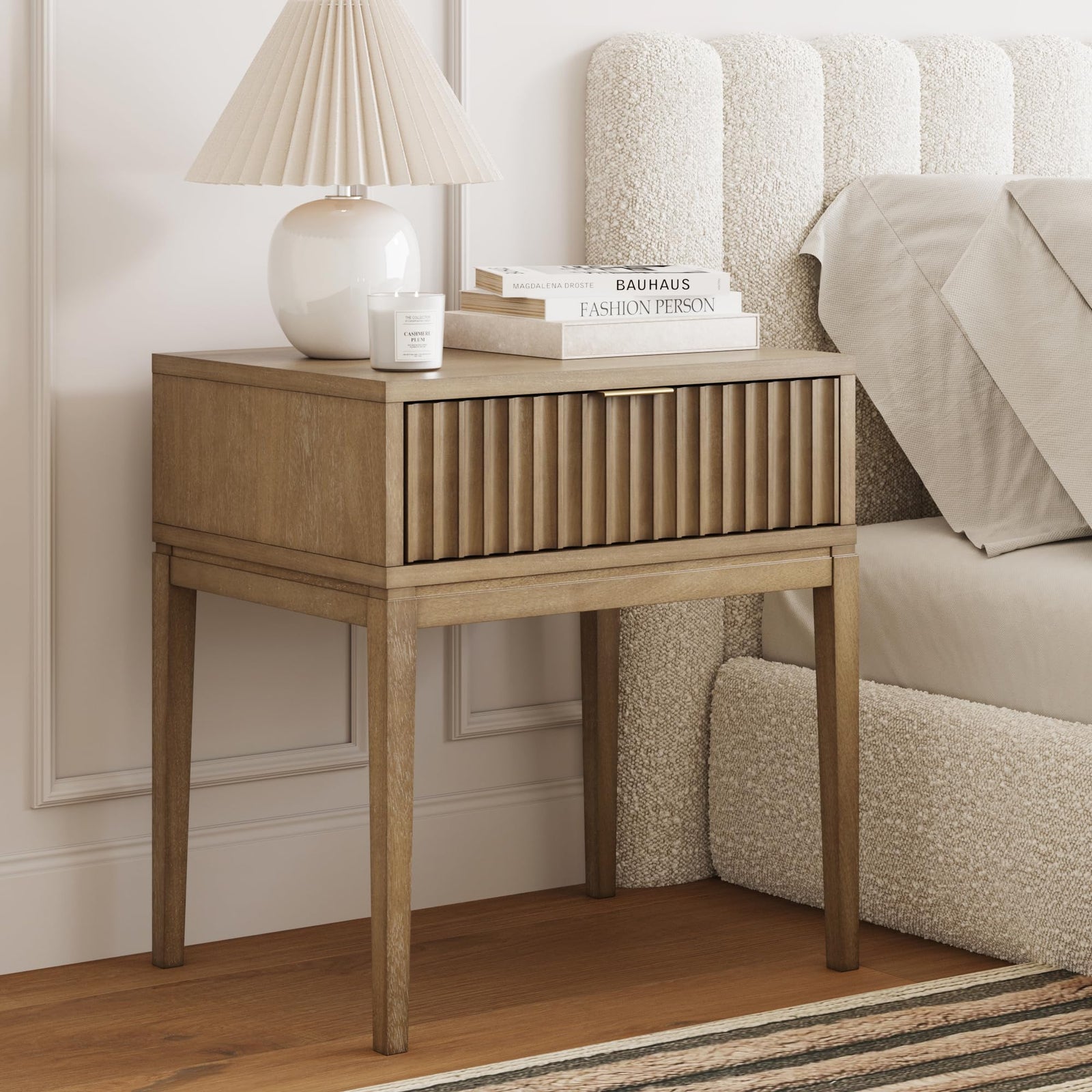 Nathan James Boho Jasper Wood Nightstand with Drawer, Fluted Side Table or End Table with Storage, Light Brown 