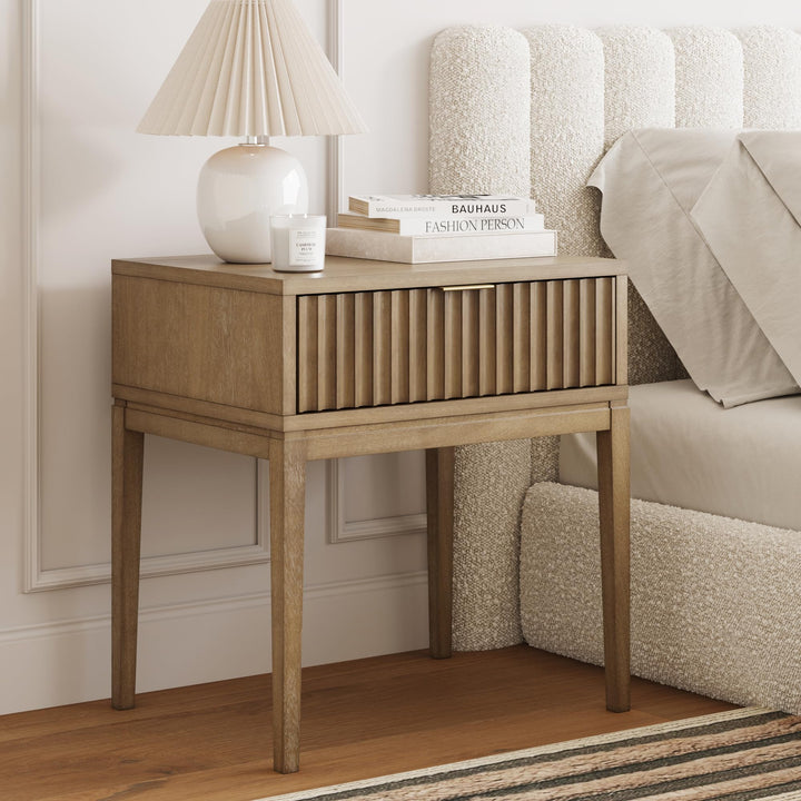 Nathan James Boho Jasper Wood Nightstand with Drawer, Fluted Side Table or End Table with Storage, Light Brown 