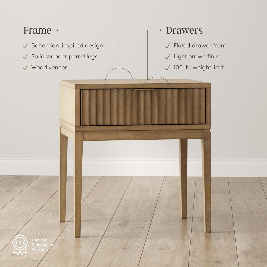Nathan James Boho Jasper Wood Nightstand with Drawer, Fluted Side Table or End Table with Storage, Light Brown 