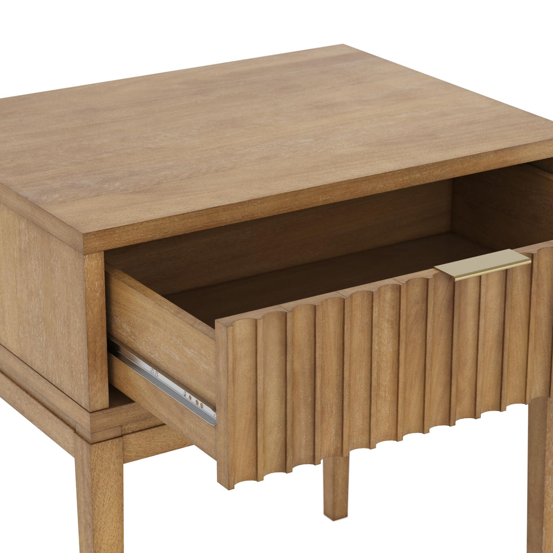 Nathan James Boho Jasper Wood Nightstand with Drawer, Fluted Side Table or End Table with Storage, Light Brown 