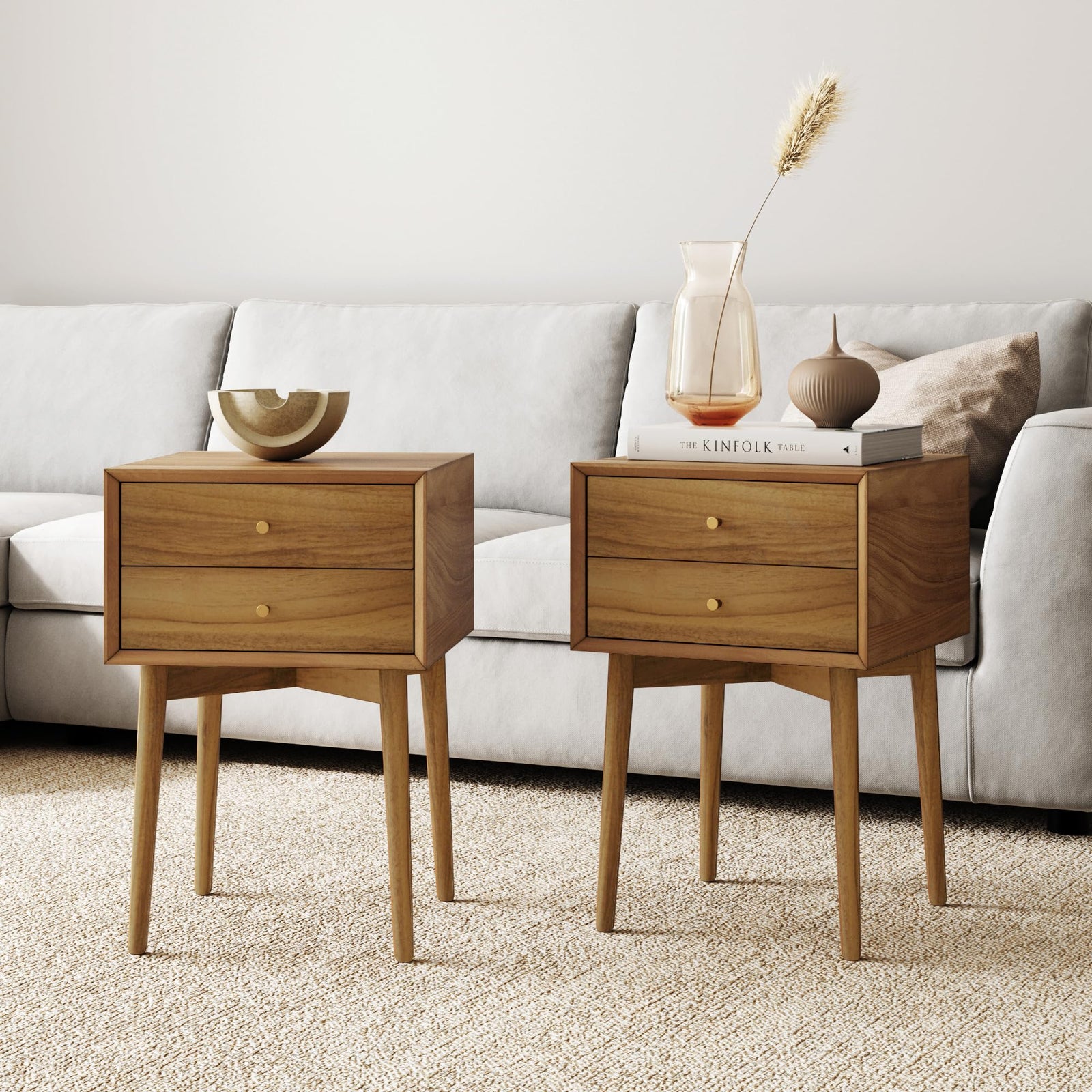 Nathan James Harper Modern Nightstand Side Accent or End Table with Storage Drawer, Set of 2, Oak Brown 