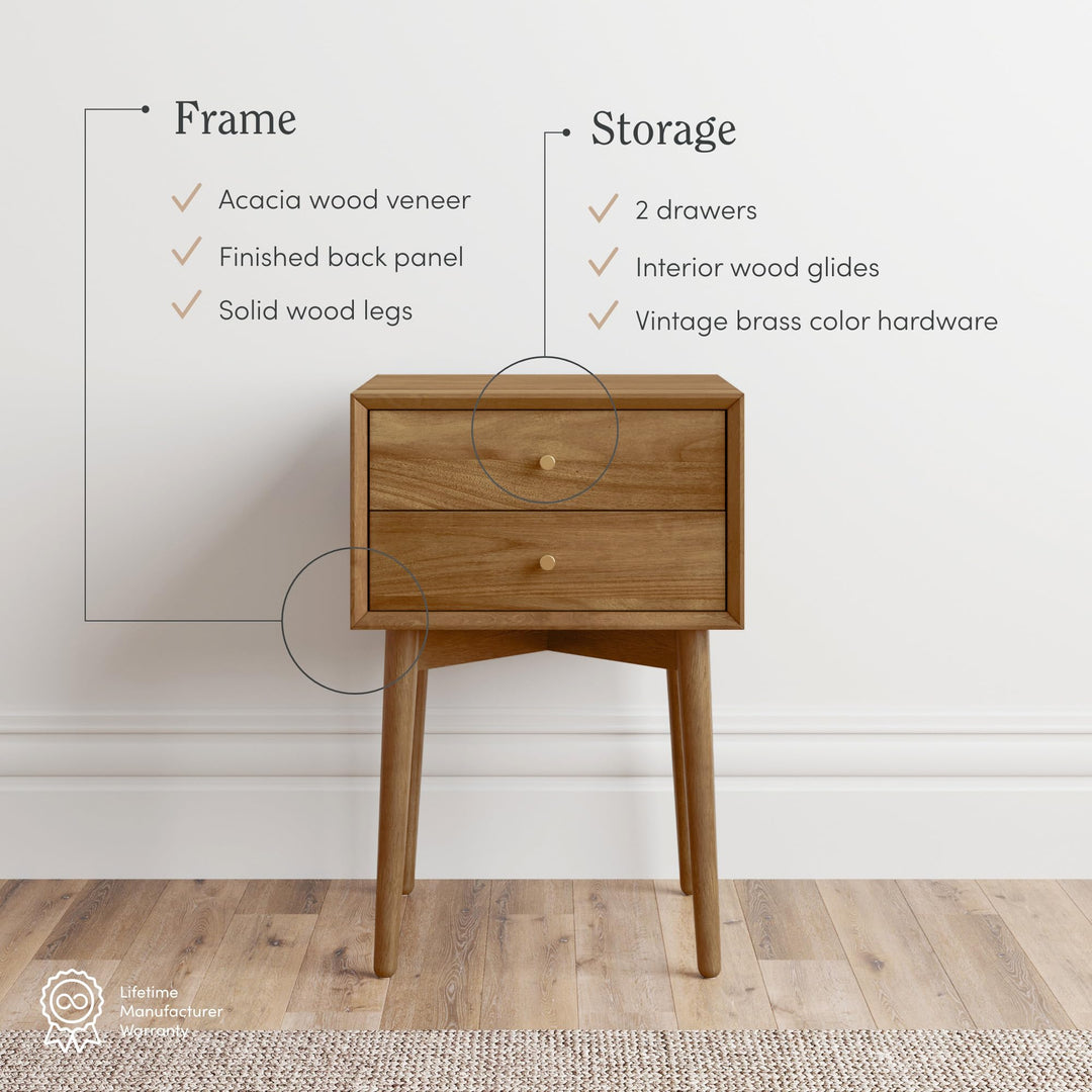 Nathan James Harper Modern Nightstand Side Accent or End Table with Storage Drawer, Set of 2, Oak Brown 
