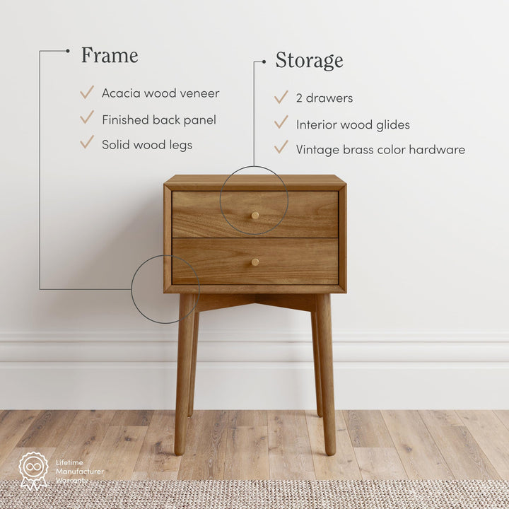 Nathan James Harper Modern Nightstand Side Accent or End Table with Storage Drawer, Set of 2, Oak Brown 