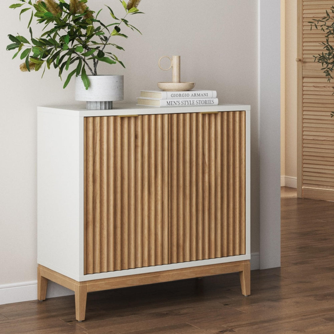 Nathan James Jasper Modern Sideboard, Kitchen Storage Cabinet with Fluted Doors, Accent Storage for Kitchen or Living Room, White/Warm Pine 