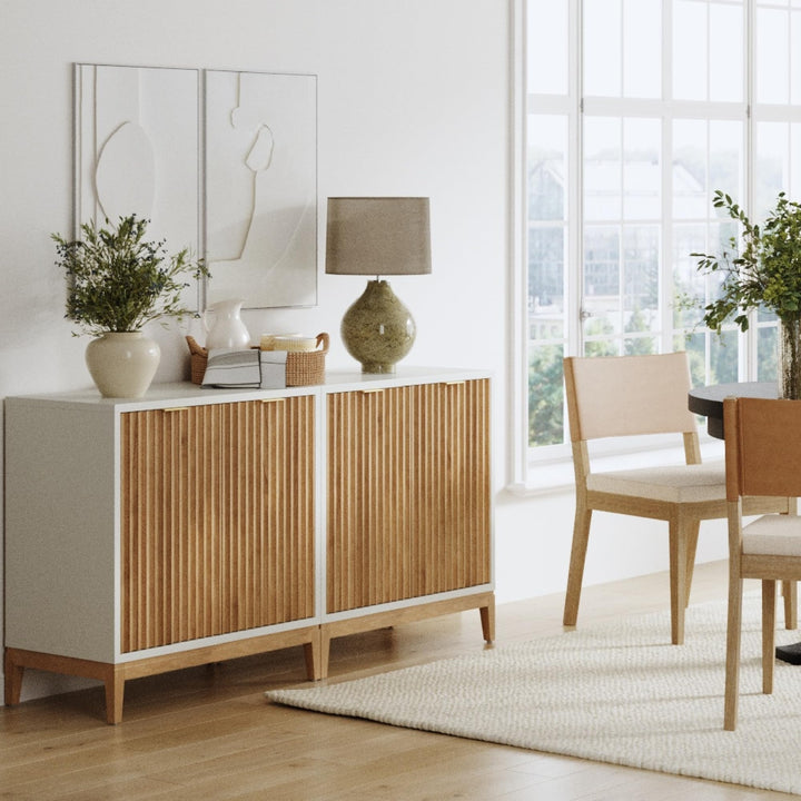 Nathan James Jasper Modern Sideboard, Kitchen Storage Cabinet with Fluted Doors, Accent Storage for Kitchen or Living Room, White/Warm Pine 