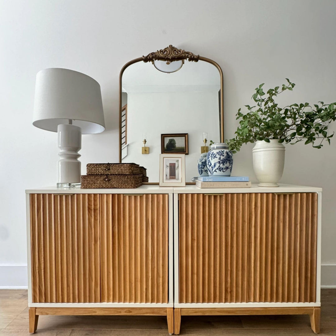 Nathan James Jasper Modern Sideboard, Kitchen Storage Cabinet with Fluted Doors, Accent Storage for Kitchen or Living Room, White/Warm Pine 