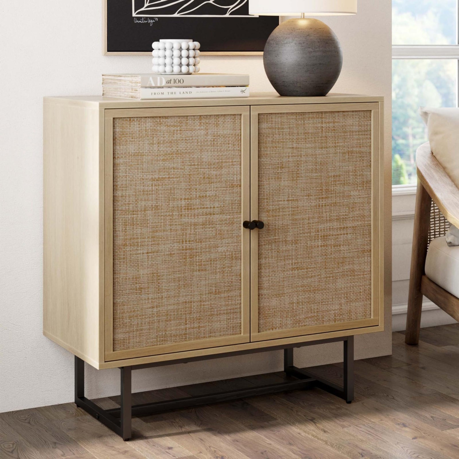 Nathan James Kova Accent Sideboard Storage Cabinet in Light Wood and Rattan with Metal Frame, Adjustable Shelves and Cane Doors, for Hallway, or Living Room, Light Oak/Cane/Black 