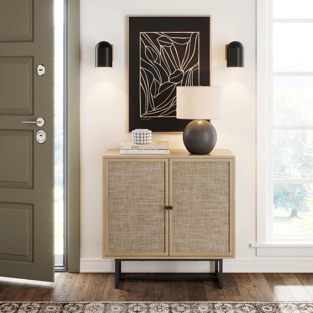 Nathan James Kova Accent Sideboard Storage Cabinet in Light Wood and Rattan with Metal Frame, Adjustable Shelves and Cane Doors, for Hallway, or Living Room, Light Oak/Cane/Black 