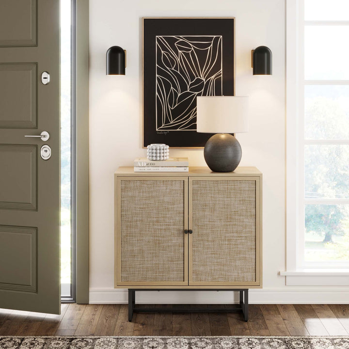 Nathan James Kova Accent Sideboard Storage Cabinet in Light Wood and Rattan with Metal Frame, Adjustable Shelves and Cane Doors, for Hallway, or Living Room, Light Oak/Cane/Black 