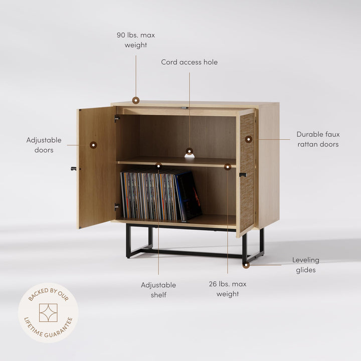 Nathan James Kova Accent Sideboard Storage Cabinet in Light Wood and Rattan with Metal Frame, Adjustable Shelves and Cane Doors, for Hallway, or Living Room, Light Oak/Cane/Black 