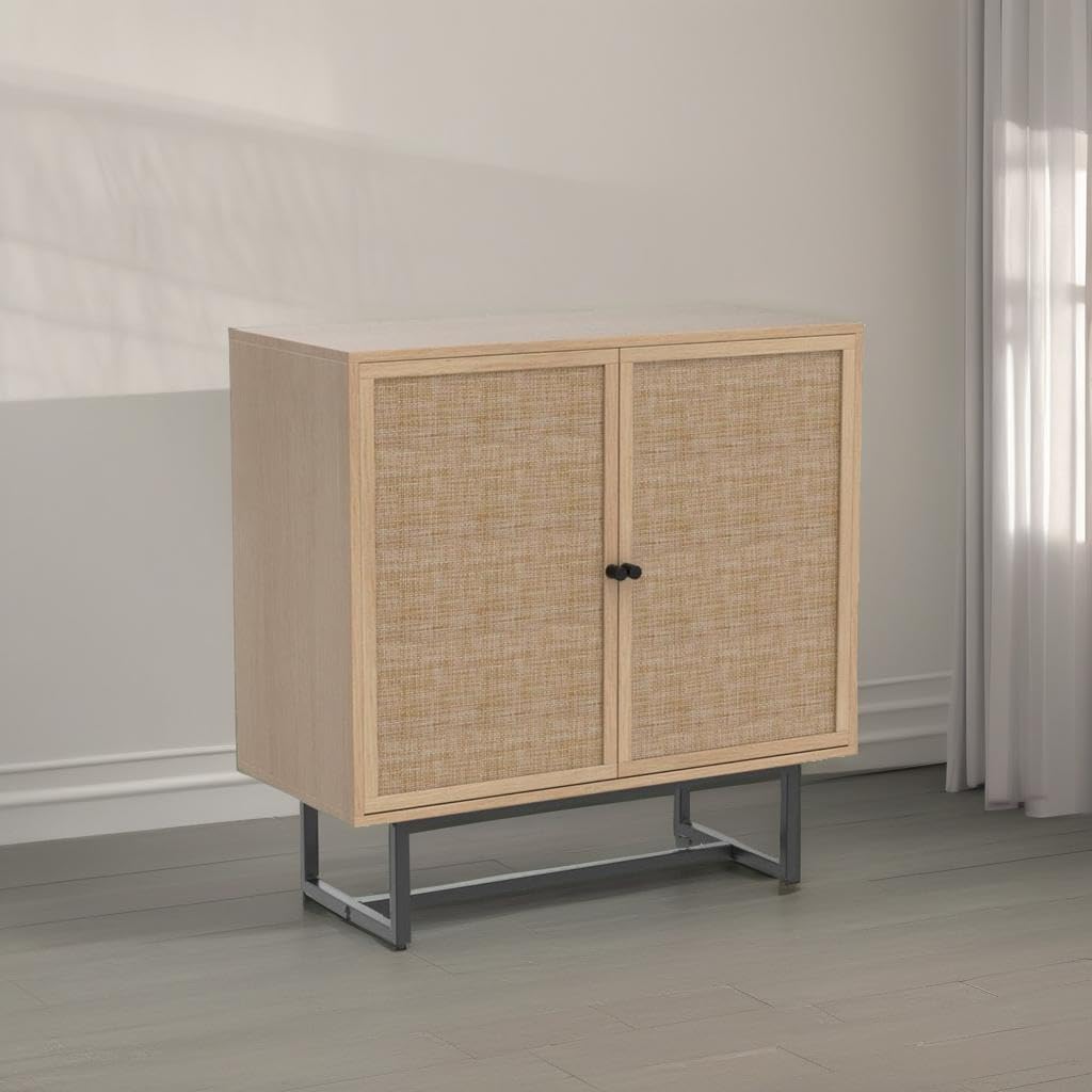 Nathan James Kova Accent Sideboard Storage Cabinet in Light Wood and Rattan with Metal Frame, Adjustable Shelves and Cane Doors, for Hallway, or Living Room, Light Oak/Cane/Black 