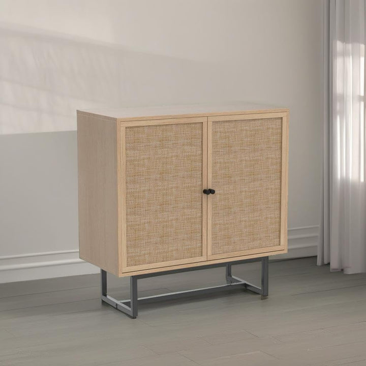 Nathan James Kova Accent Sideboard Storage Cabinet in Light Wood and Rattan with Metal Frame, Adjustable Shelves and Cane Doors, for Hallway, or Living Room, Light Oak/Cane/Black 