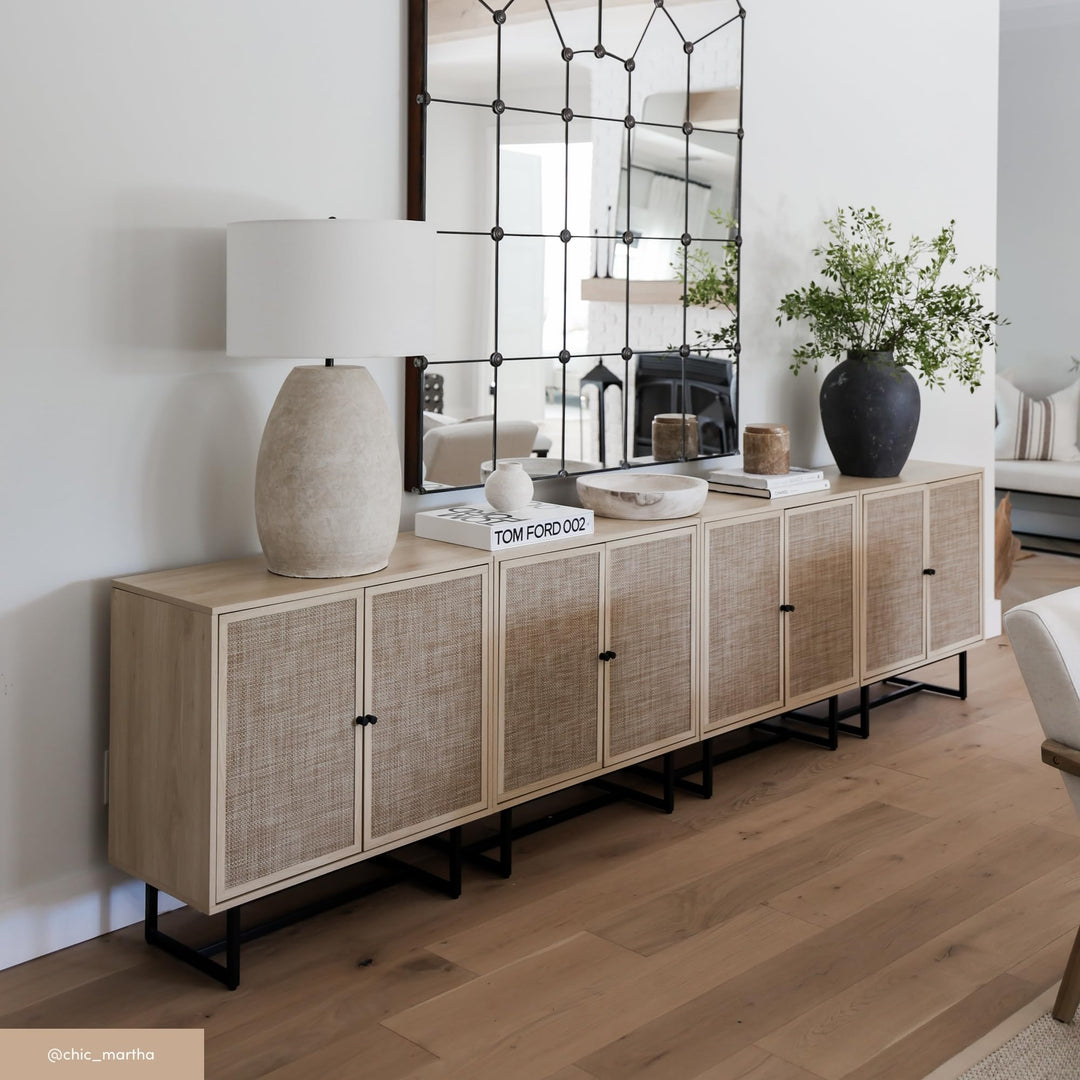 Nathan James Kova Accent Sideboard Storage Cabinet in Light Wood and Rattan with Metal Frame, Adjustable Shelves and Cane Doors, for Hallway, or Living Room, Light Oak/Cane/Black 