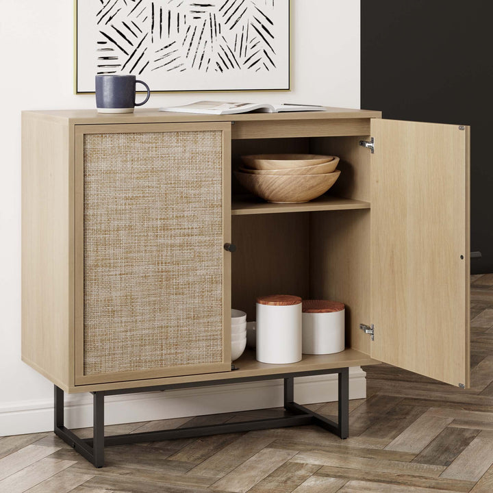 Nathan James Kova Accent Sideboard Storage Cabinet in Light Wood and Rattan with Metal Frame, Adjustable Shelves and Cane Doors, for Hallway, or Living Room, Light Oak/Cane/Black 