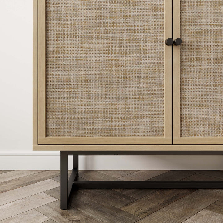 Nathan James Kova Accent Sideboard Storage Cabinet in Light Wood and Rattan with Metal Frame, Adjustable Shelves and Cane Doors, for Hallway, or Living Room, Light Oak/Cane/Black 