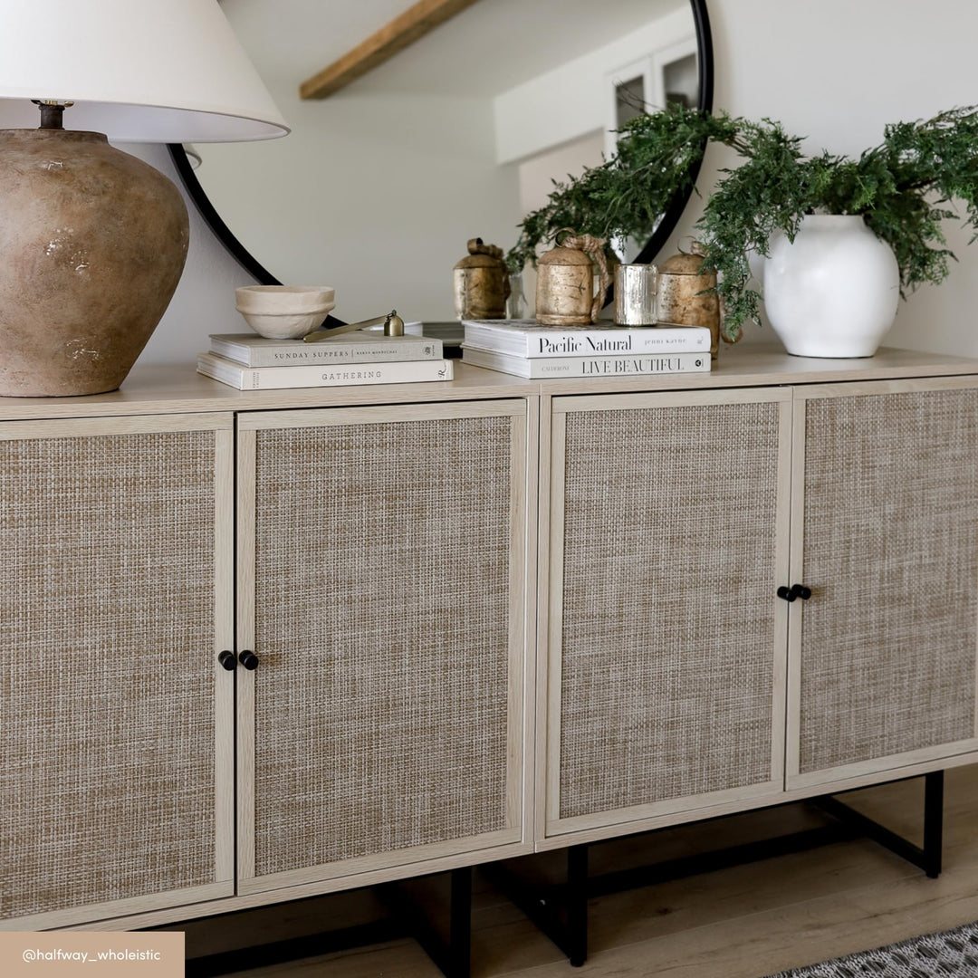 Nathan James Kova Accent Sideboard Storage Cabinet in Light Wood and Rattan with Metal Frame, Adjustable Shelves and Cane Doors, for Hallway, or Living Room, Light Oak/Cane/Black 