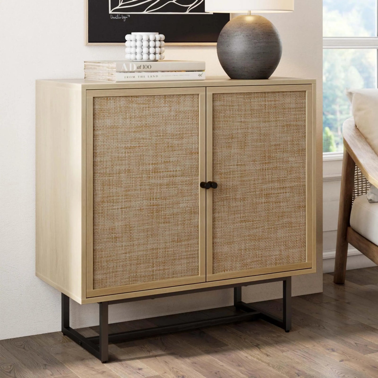 Nathan James Kova Accent Sideboard Storage Cabinet in Light Wood and Rattan with Metal Frame, Adjustable Shelves and Cane Doors, for Hallway, or Living Room, Light Oak/Cane/Black 
