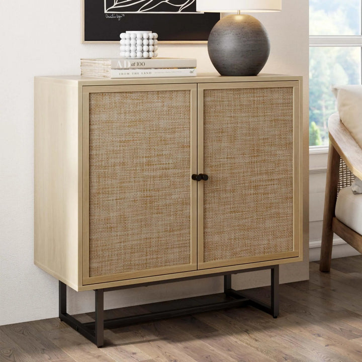 Nathan James Kova Accent Sideboard Storage Cabinet in Light Wood and Rattan with Metal Frame, Adjustable Shelves and Cane Doors, for Hallway, or Living Room, Light Oak/Cane/Black 