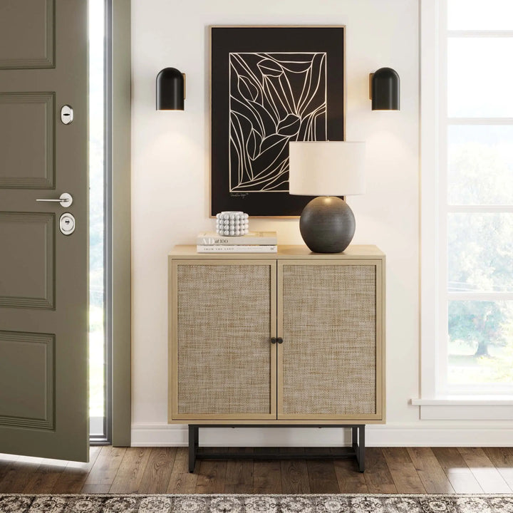Nathan James Kova Accent Sideboard Storage Cabinet in Light Wood and Rattan with Metal Frame, Adjustable Shelves and Cane Doors, for Hallway, or Living Room, Light Oak/Cane/Black 