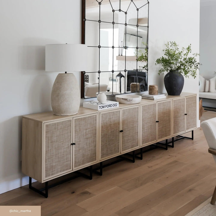 Nathan James Kova Accent Sideboard Storage Cabinet in Light Wood and Rattan with Metal Frame, Adjustable Shelves and Cane Doors, for Hallway, or Living Room, Light Oak/Cane/Black 