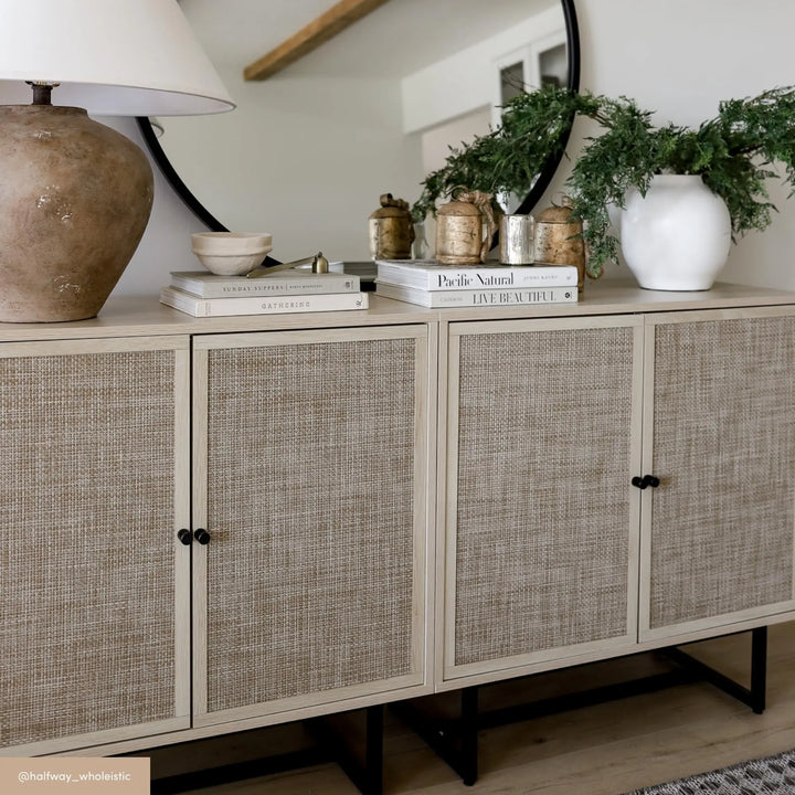 Nathan James Kova Accent Sideboard Storage Cabinet in Light Wood and Rattan with Metal Frame, Adjustable Shelves and Cane Doors, for Hallway, or Living Room, Light Oak/Cane/Black 