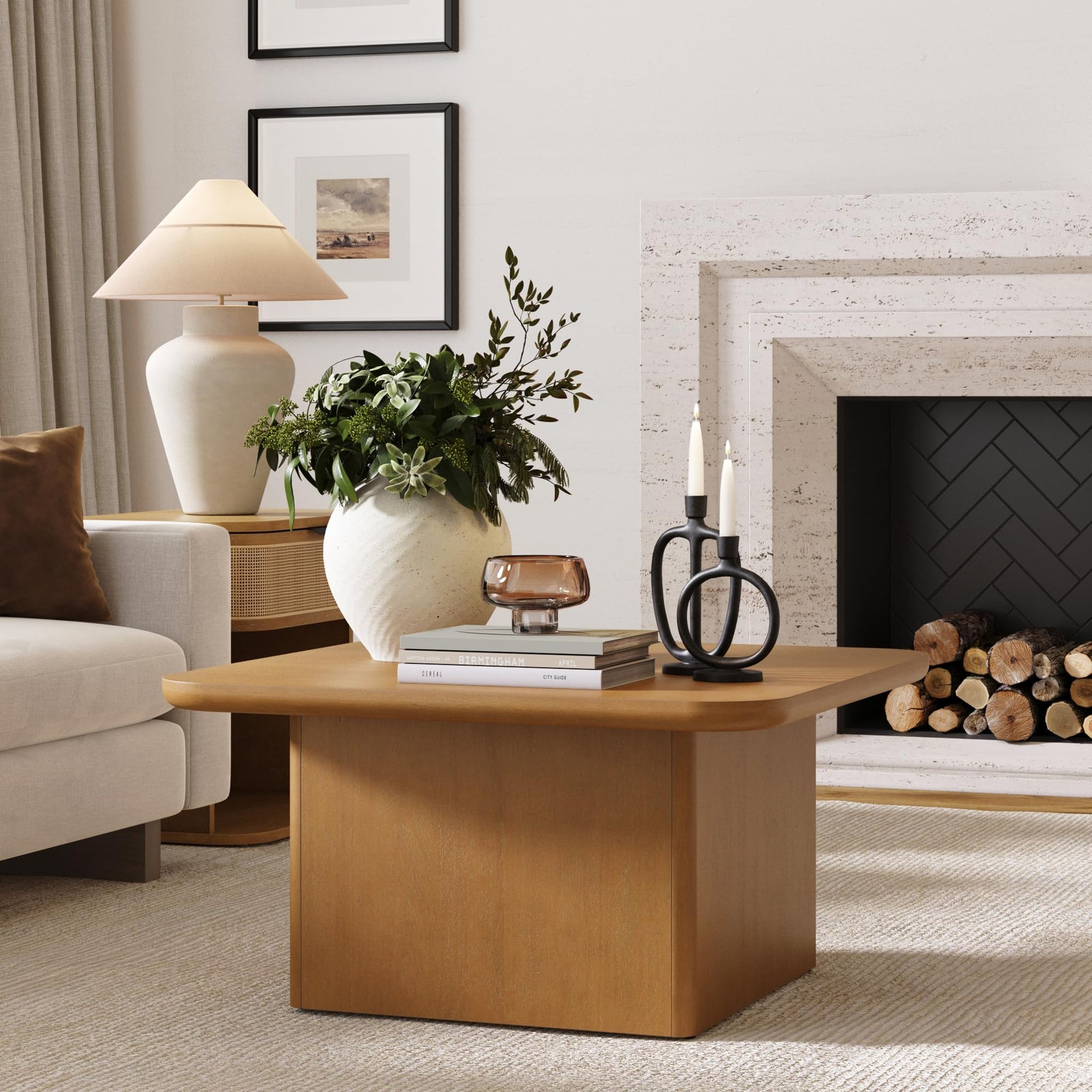 Nathan James Rein Organic Modern Coffee Table, Rustic Wood Square Coffee Table with Rounded Edge, Pedestal Coffee Table - Light Brown 