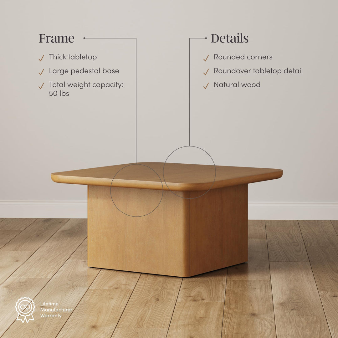 Nathan James Rein Organic Modern Coffee Table, Rustic Wood Square Coffee Table with Rounded Edge, Pedestal Coffee Table - Light Brown 