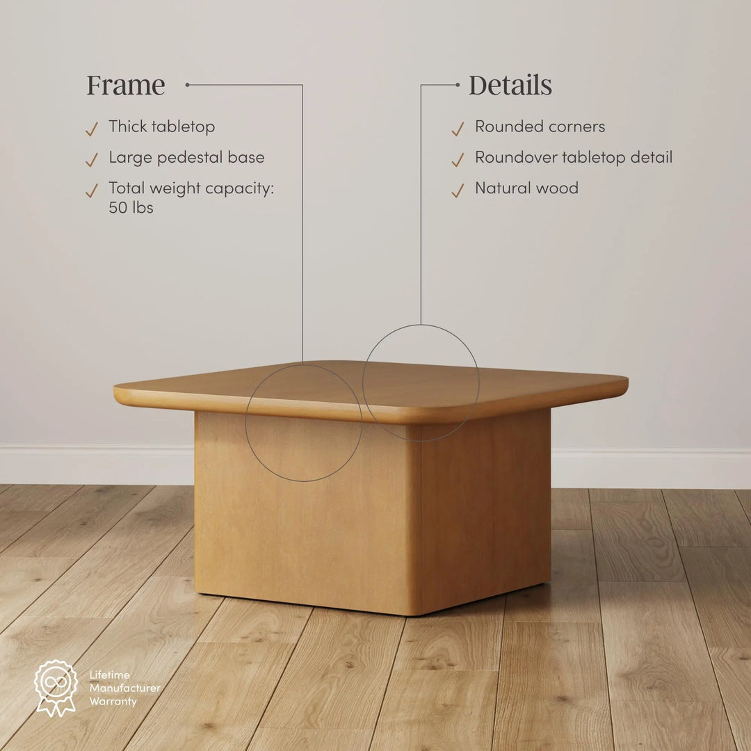 Nathan James Rein Organic Modern Coffee Table, Rustic Wood Square Coffee Table with Rounded Edge, Pedestal Coffee Table for Living Room, Light Brown