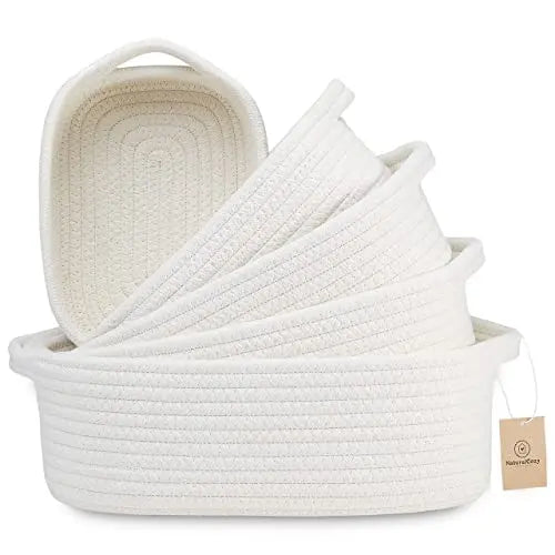 NaturalCozy 5-Piece Rectangle Storage Basket Set- Natural Cotton Rope Woven for Organizing! Small Basket for Montessori, Baby Nursery, Dog Toy Baskets, Cat Toy Box, Bathroom Organization Bin 