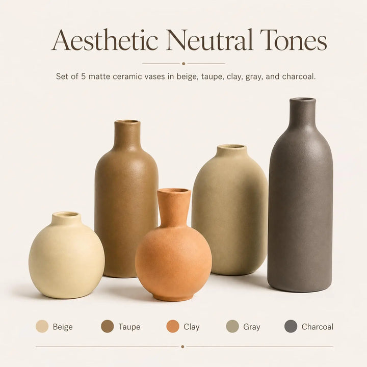 Neutral Ceramic Vase Set – 5 Matte Earth-Tone Vases for Japandi, Scandinavian, or Minimalist Home Decor, Table, Entryway, Shelf & Mantel Styling