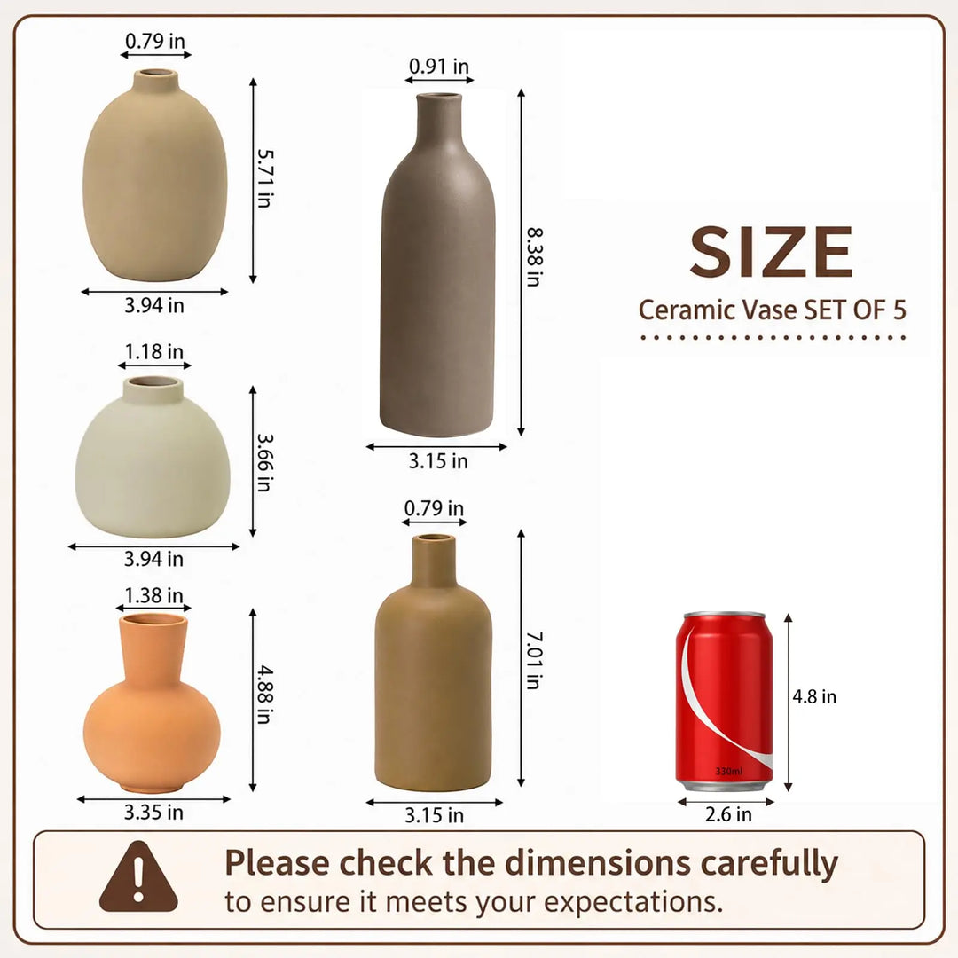 Neutral Ceramic Vase Set – 5 Matte Earth-Tone Vases for Japandi, Scandinavian, or Minimalist Home Decor, Table, Entryway, Shelf & Mantel Styling