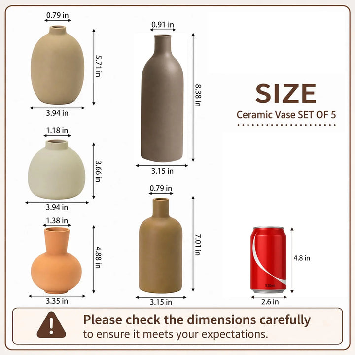 Neutral Ceramic Vase Set – 5 Matte Earth-Tone Vases for Japandi, Scandinavian, or Minimalist Home Decor, Table, Entryway, Shelf & Mantel Styling