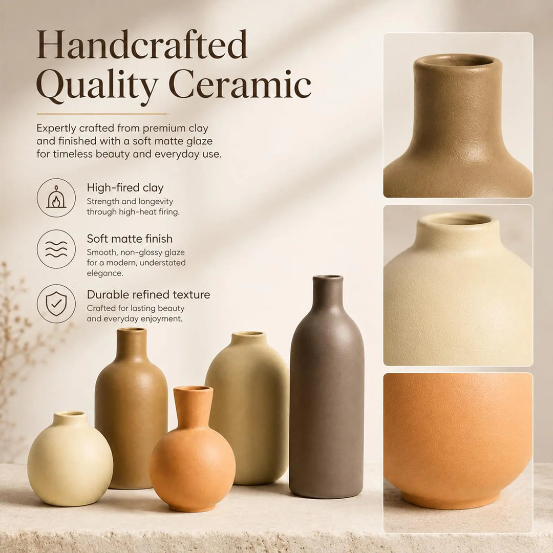 Neutral Ceramic Vase Set – 5 Matte Earth-Tone Vases for Japandi, Scandinavian, or Minimalist Home Decor, Table, Entryway, Shelf & Mantel Styling