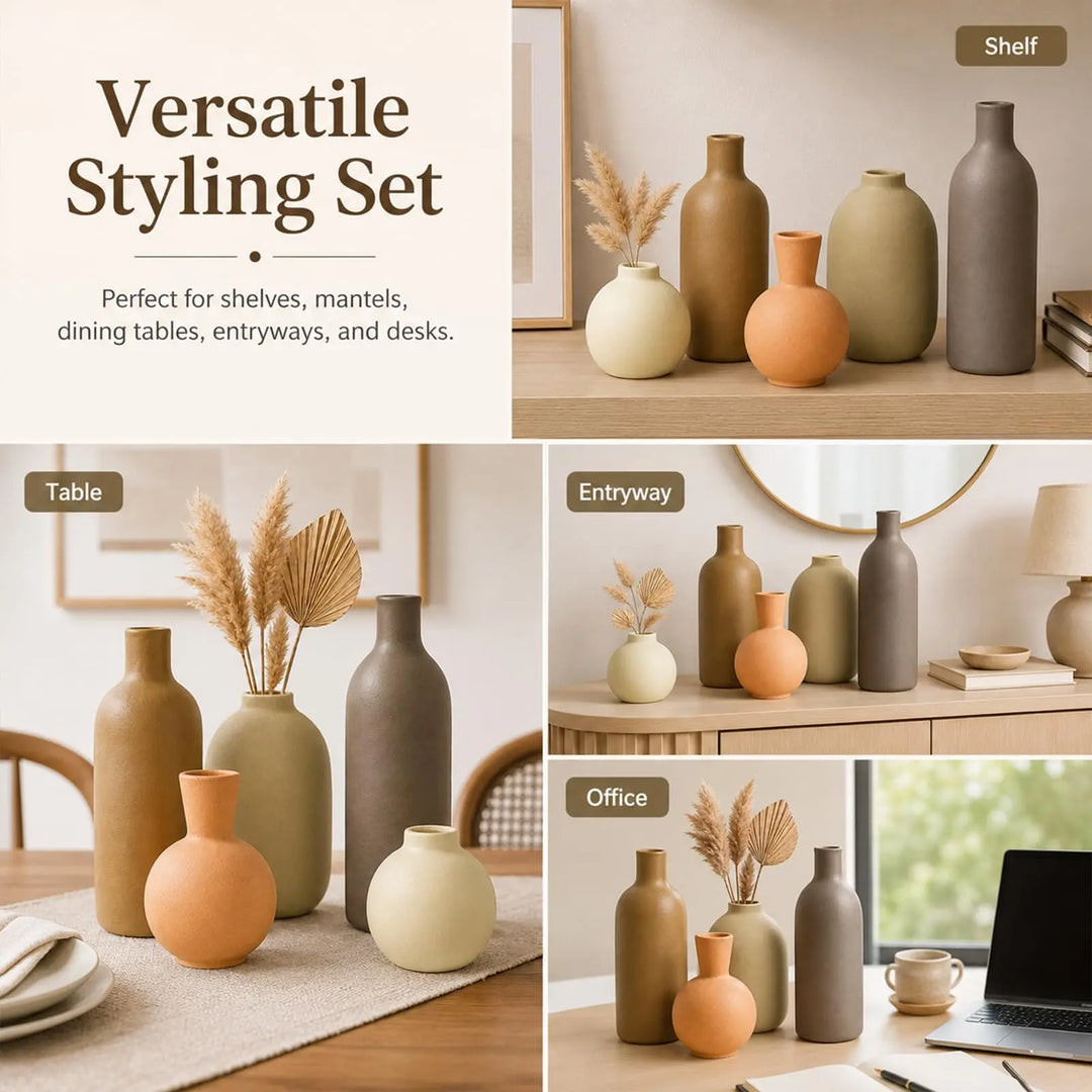 Neutral Ceramic Vase Set – 5 Matte Earth-Tone Vases for Japandi, Scandinavian, or Minimalist Home Decor, Table, Entryway, Shelf & Mantel Styling
