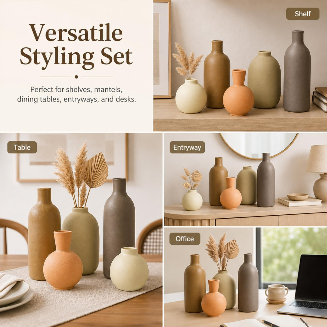 Neutral Ceramic Vase Set – 5 Matte Earth-Tone Vases for Japandi, Scandinavian, or Minimalist Home Decor, Table, Entryway, Shelf &amp; Mantel Styling 