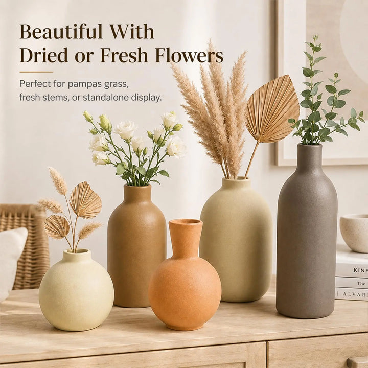 Neutral Ceramic Vase Set – 5 Matte Earth-Tone Vases for Japandi, Scandinavian, or Minimalist Home Decor, Table, Entryway, Shelf & Mantel Styling