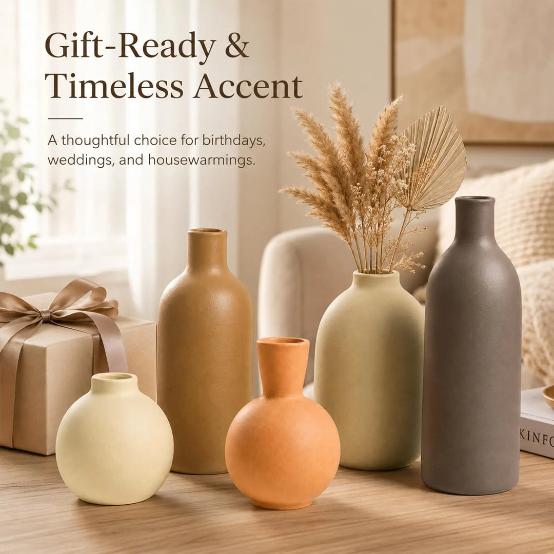 Neutral Ceramic Vase Set – 5 Matte Earth-Tone Vases for Japandi, Scandinavian, or Minimalist Home Decor, Table, Entryway, Shelf & Mantel Styling