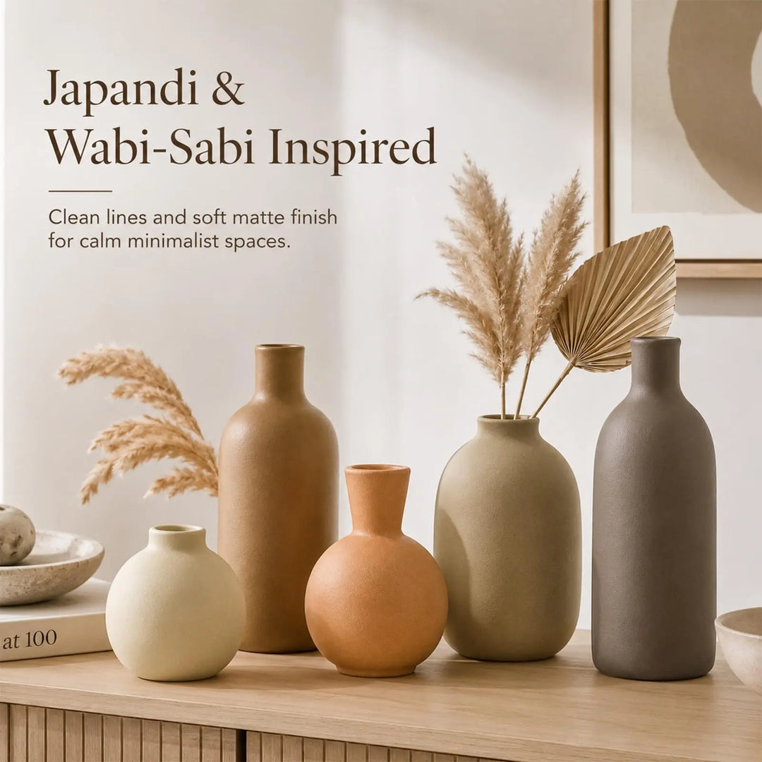 Neutral Ceramic Vase Set – 5 Matte Earth-Tone Vases for Japandi, Scandinavian, or Minimalist Home Decor, Table, Entryway, Shelf & Mantel Styling