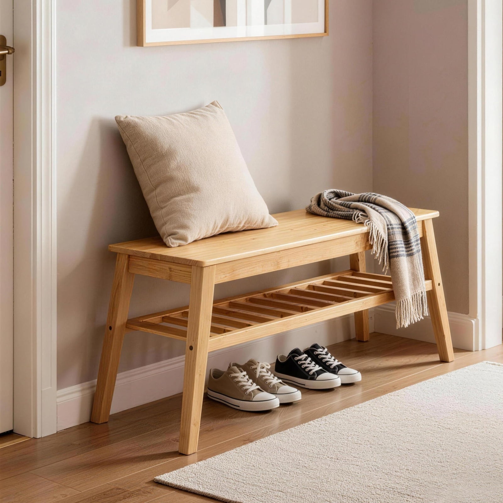 Nnewvante Bamboo Entryway Bench, 33.46" Small Wood Storage Bench 