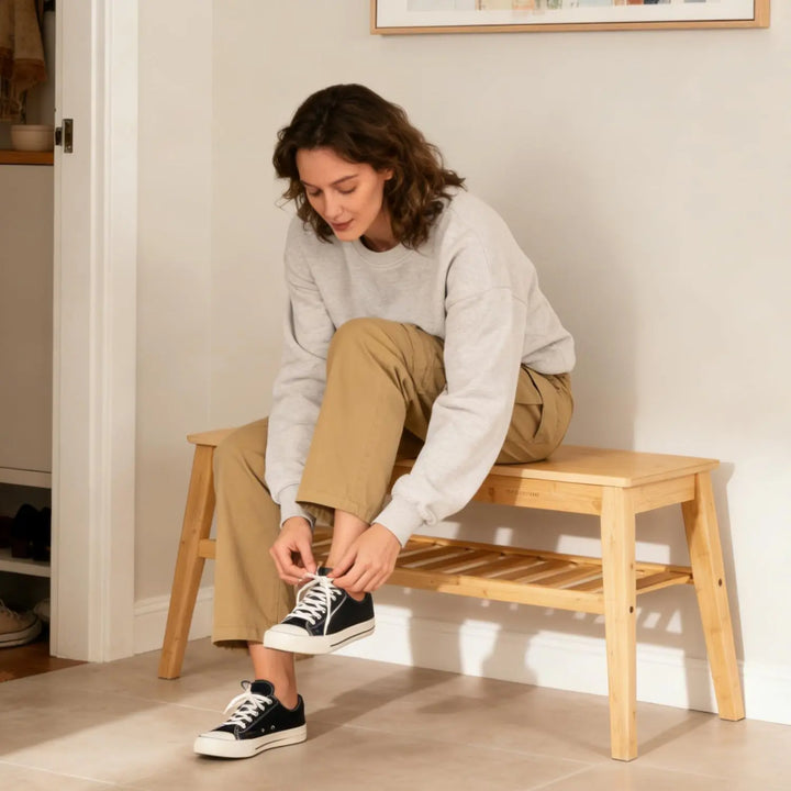 Nnewvante Bamboo Entryway Bench, 33.46" Small Wood Storage Bench