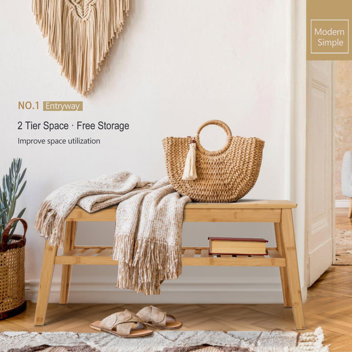 Nnewvante Bamboo Entryway Bench, 33.46" Small Wood Storage Bench 