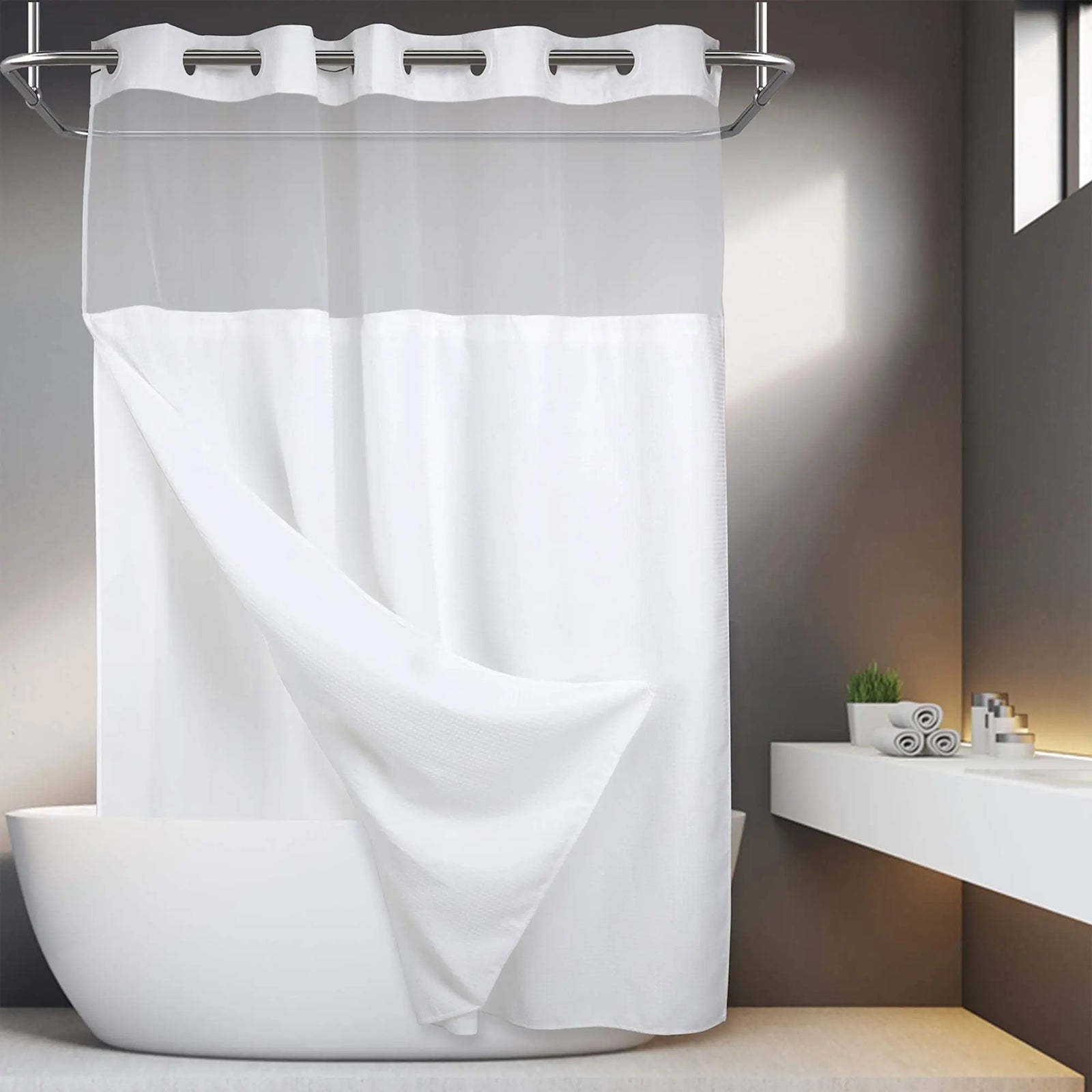 No Hooks Required Waffle Weave Shower Curtain with Snap in Liner - 71W x 74H,Hotel Grade,Spa Like Bath Curtain,White 