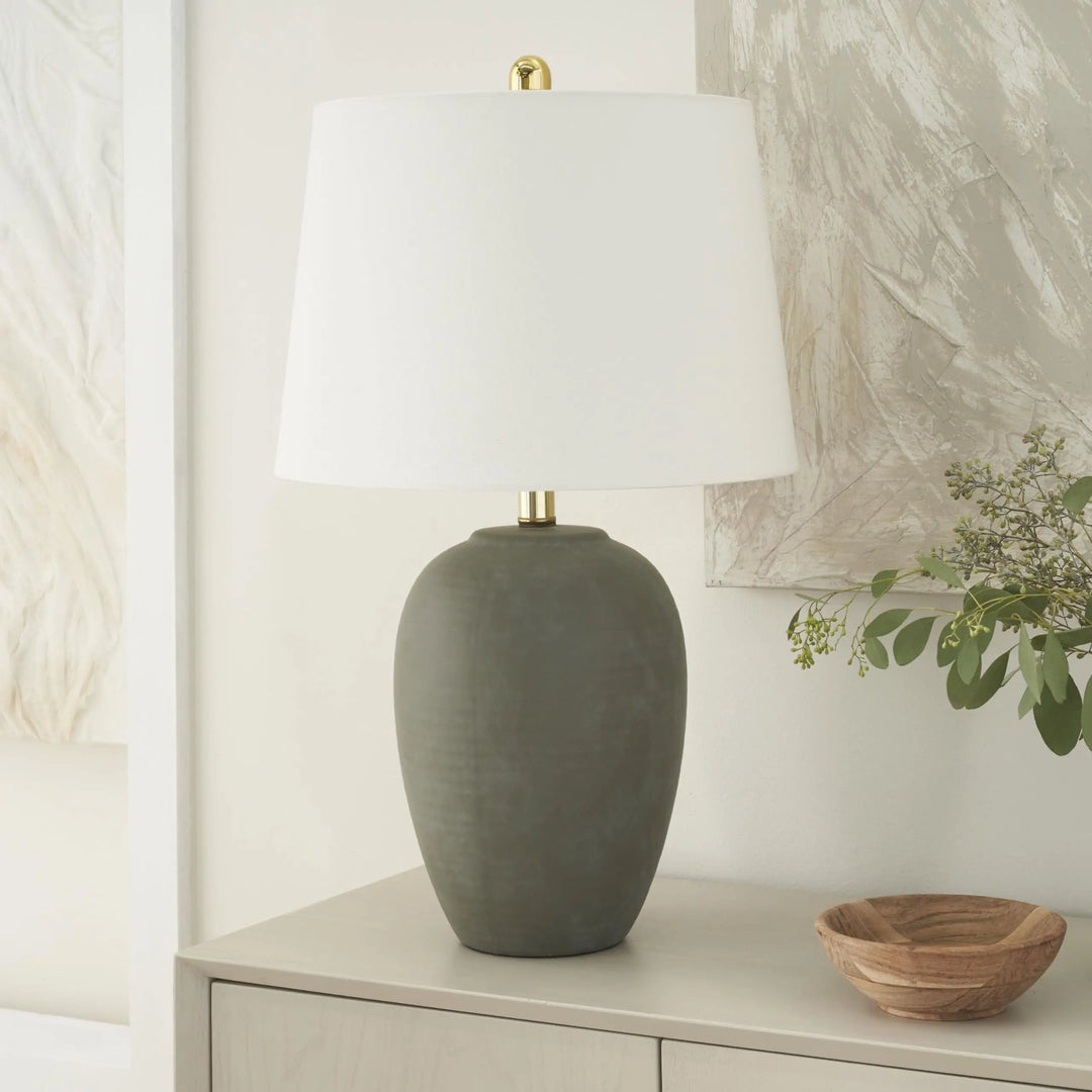 Nourison Home 23 Inch Olive Green Ceramic Pot Table Lamp, White Tapered Drum Shade