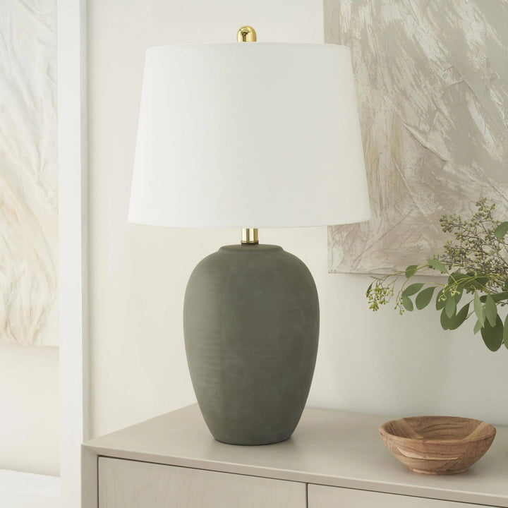 Nourison Home 23 Inch Olive Green Ceramic Pot Table Lamp, White Tapered Drum Shade