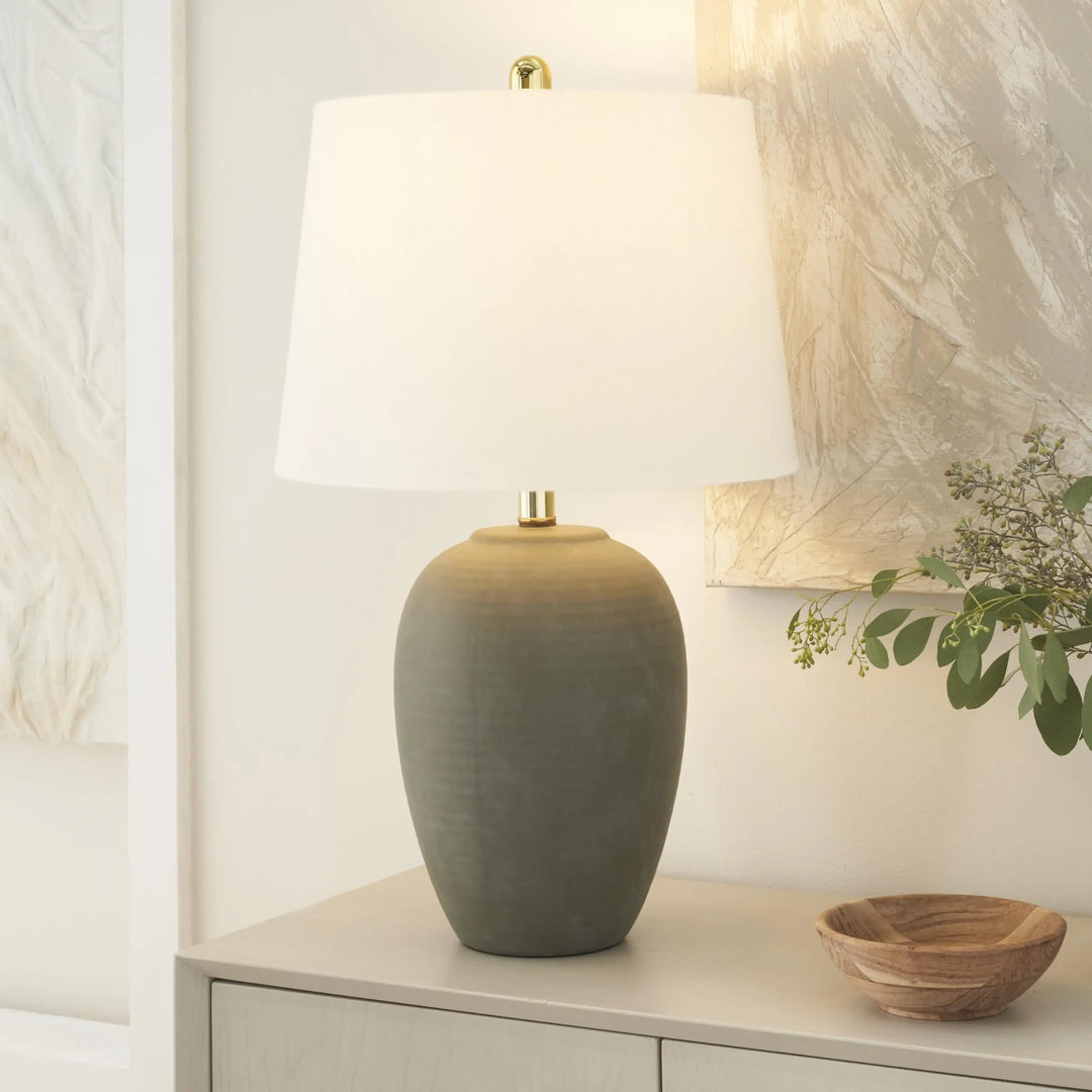 Nourison Home 23 Inch Olive Green Ceramic Pot Table Lamp, White Tapered Drum Shade