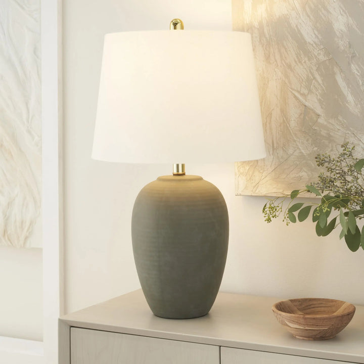 Nourison Home 23 Inch Olive Green Ceramic Pot Table Lamp, White Tapered Drum Shade