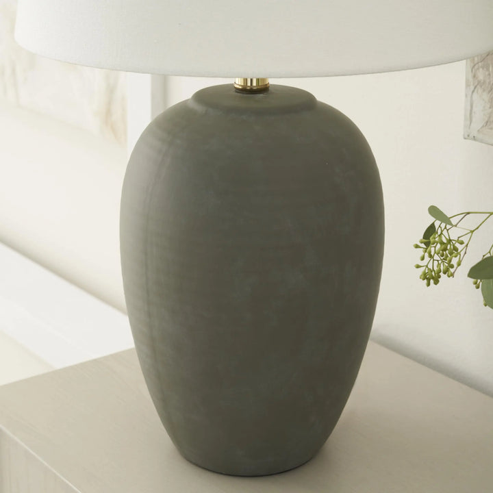 Nourison Home 23 Inch Olive Green Ceramic Pot Table Lamp, White Tapered Drum Shade